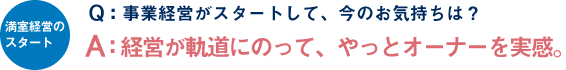 満室経営のスタート Q：事業経営がスタートして、今のお気持ちは？ A：経営が軌道にのって、やっとオーナーを実感。