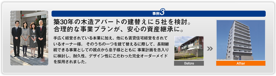 築30年の木造アパートの建替えに５社を検討。合理的な事業プランが、安心の資産継承に。手広く経営されている本業に加え、他にも賃貸住宅経営をされているオーナー様。そのうちの一つを建て替えるに際して、長期継続できる事業としての視点から息子様とともに事業計画を念入りに検討し、耐久性、デザイン性にこだわった完全オーダーメイドを採用されました。