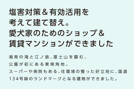 【塩害対策＆有効活用を考えて建替え。愛犬家のためのショップ＆賃貸マンションができました。】湘南の海と江の島、富士山を臨む、公園が目の前にある東南角地。スーパーや病院もある、住環境の整った好立地に、国道134号線のランドマークとなる建物ができました。