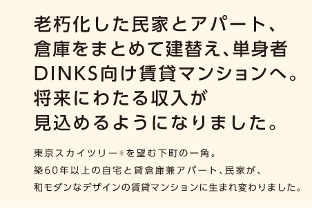 【老朽化した民家とアパート、倉庫をまとめて建替え、単身者DINKS向け賃貸マンションへ。将来にわたる収入が見込めるようになりました。】東京スカイツリー®を望む下町の一角。築60年以上の自宅と貸倉庫兼アパート、民家が、和モダンなデザインの賃貸マンションに生まれ変わりました。