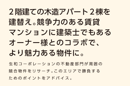 【２階建ての木造アパート２棟を建替え。競争力のある賃貸マンションに、建築士でもあるオーナー様とのコラボで、より魅力ある物件に。】単生和コーポレーションの不動産部門が周囲の競合物件をリサーチ。このエリアで勝負するためのポイントをアドバイス。