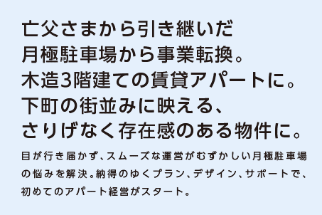 【亡父さまから引き継いだ月極駐車場から事業転換。木造3階建ての賃貸アパートに。下町の街並みに映える、さりげなく存在感のある物件に。